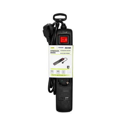 Stekkerdoos 3-voudig, Schakelaar, USB-A/C, 1.5m Kabel Zwart