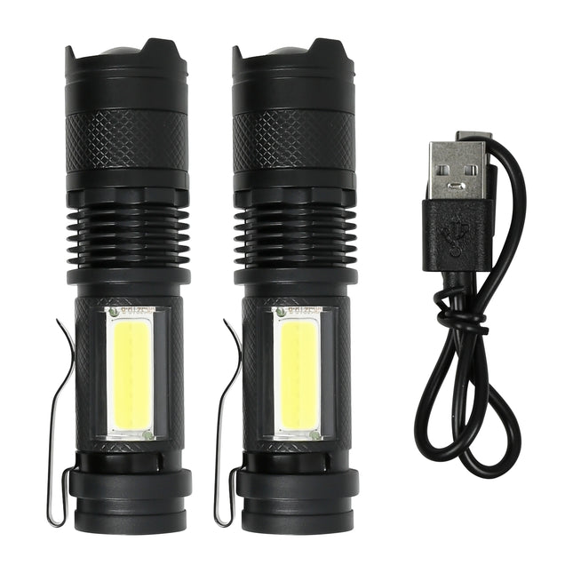 Zaklamp COB oplaadbaar 2 dlg – Bulb 3W LED + COD, Afmeting 26 x 26 x 100 mm, Lumen 100 lm