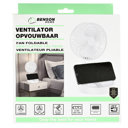 Opvouwbare Witte Ventilator, 3 Snelheden, Oplaadbaar, 800mAh Batterij