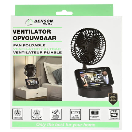 Faltbarer schwarzer Ventilator: aufladbar, kompakt, ideal für Reisen