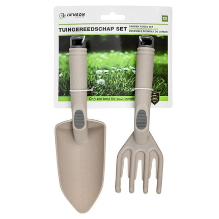 2-delige Tuingereedschap Set: Hark en Schep met Maatvoering, Beige
