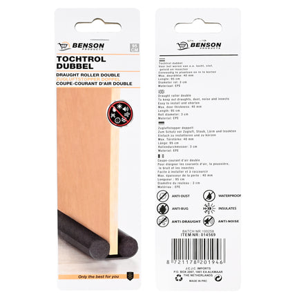 Tochtrol dubbel 95 cm grijs – Max. deurdikte 50 mm, Lengte 95 cm, Diameter rol 2,8 cm