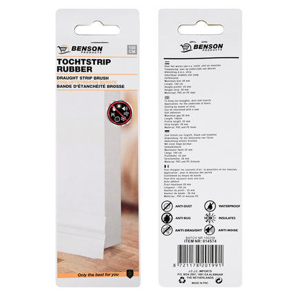 Tochtstrip rubber 100 cm wit – Toepassing voor op onderzijde van deuren, Lengte 100 cm