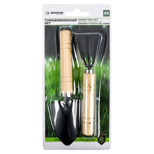 Tuingereedschap set 2 dlg mini houten handvat – Afmetignen hark 15,5 x 4,5 x 3 cm