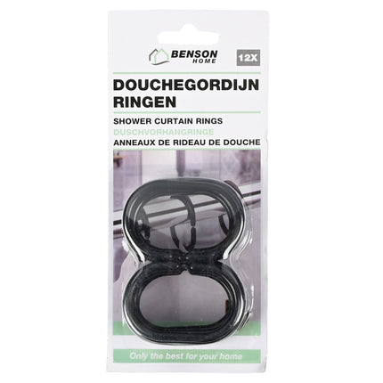Douchegordijn ringen 12 dlg zwart – Aantal 12 ophanghaken, Afmeting 5,8 x 4 x 0,5