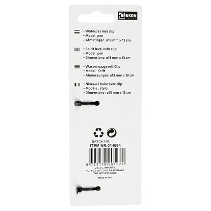Waterpas pen alu met clip 13 cm – Model pen, Afmetingen ø13 mm x 13 cm, 13 mm