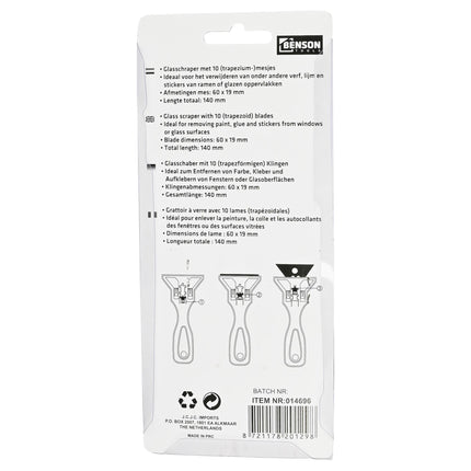 Glasschraper + 10 reservemessen – Afmetingen mes 60 x 19 mm, Lengte totaal 140 mm