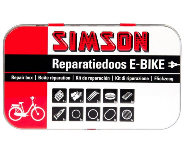 Simson E-bike Reparatiedoos: Pleisters, Solutie, Bandenlichters, Handschoenen.