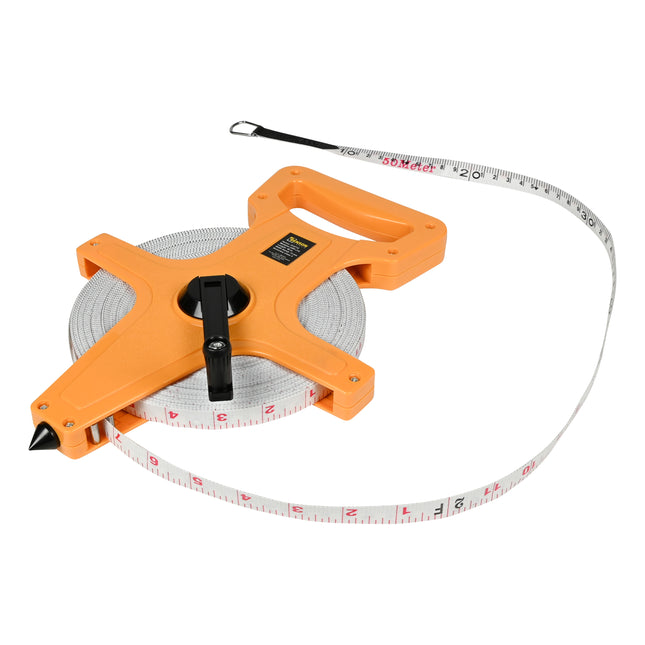 Landmeter 50 mtr – Lengte 50 m, Breedte (band) 13 mm, Afmetingen haspel 30.5 x 21 cm