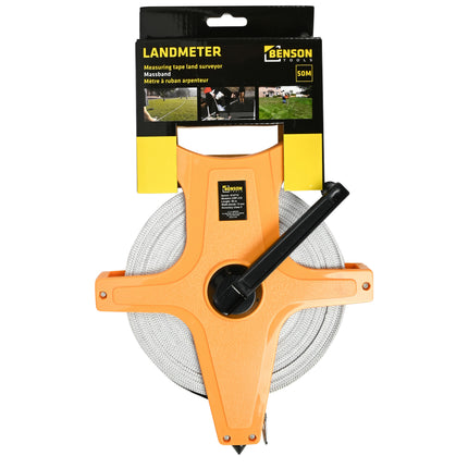 Landmeter 50 mtr – Lengte 50 m, Breedte (band) 13 mm, Afmetingen haspel 30.5 x 21 cm