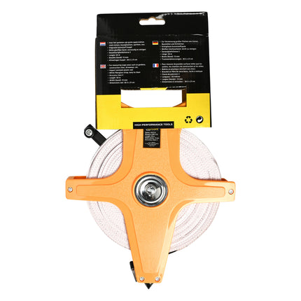 Landmeter 50 mtr – Lengte 50 m, Breedte (band) 13 mm, Afmetingen haspel 30.5 x 21 cm