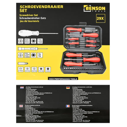 Schroevendraaier set in box 29 dlg – 2x Torx T15 en T20, 2x Pozidrive PZ1 en PZ2