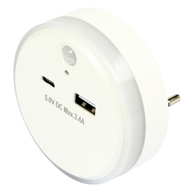 Nachtlamp USB-A en USB-C met dag/nacht + PIR sensor – Input 230V - 50 Hz, 230V