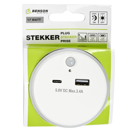 Nachtlamp USB-A en USB-C met dag/nacht + PIR sensor – Input 230V - 50 Hz, 230V