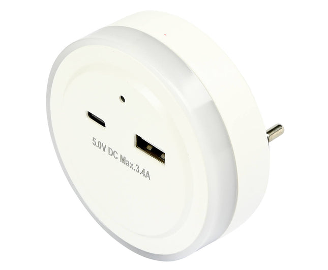 Nachtlamp met USB-A/USB-C, 5V DC, 3.4A, dag/nacht sensor, auto-modus.
