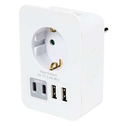 Steckdose Schuko: 1x 16A, 2x USB-A, 2x USB-C, 5V 3,4A, mit Dock.