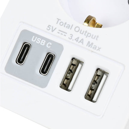 Steckdose Schuko: 1x 16A, 2x USB-A, 2x USB-C, 5V 3,4A, mit Dock.