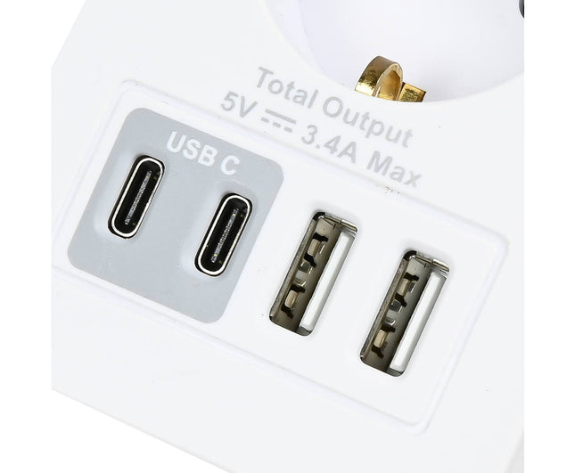 Stopcontact RA: 1x 16A, 2x USB-A, 2x USB-C, 5V 3.4A, met dock.