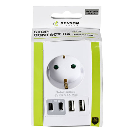 Steckdose Schuko: 1x 16A, 2x USB-A, 2x USB-C, 5V 3,4A, mit Dock.