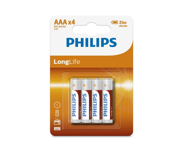 Philips Longlife AAA Batterijen - 4 Stuks, 1.5V Voor Afstandsbediening