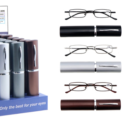 Leesbril + koker mix display – Kleuren zwart, blauw, zilver, grijs, bruin
