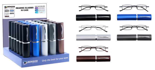 Leesbril + koker mix display – Kleuren zwart, blauw, zilver, grijs, bruin