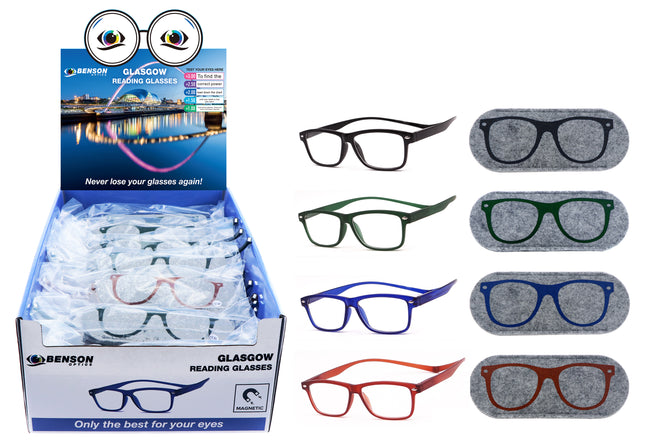 Leesbril Glasgow magneet mix display – Kleuren zwart, groen, blauw en bruin