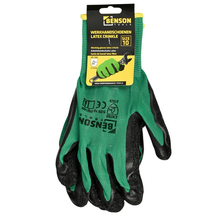 Werkhandschoenen latex crinkle groen zwart maat 10