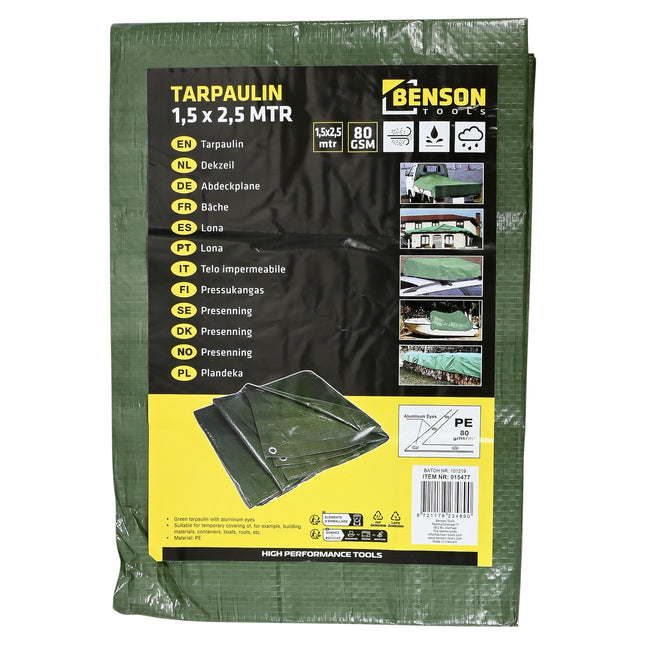 Dekzeil 1,5 x 2,5 mtr groen – Maat 1,5 x 2,5 M, Materiaal PE, Kwaliteit 80 GSM