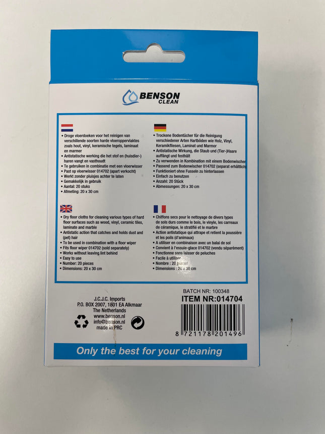 Vloerdoeken droog voor vloerwisser 014702 20 dlg – Aantal 20 stuks, Afmeting 20 x 30 cm